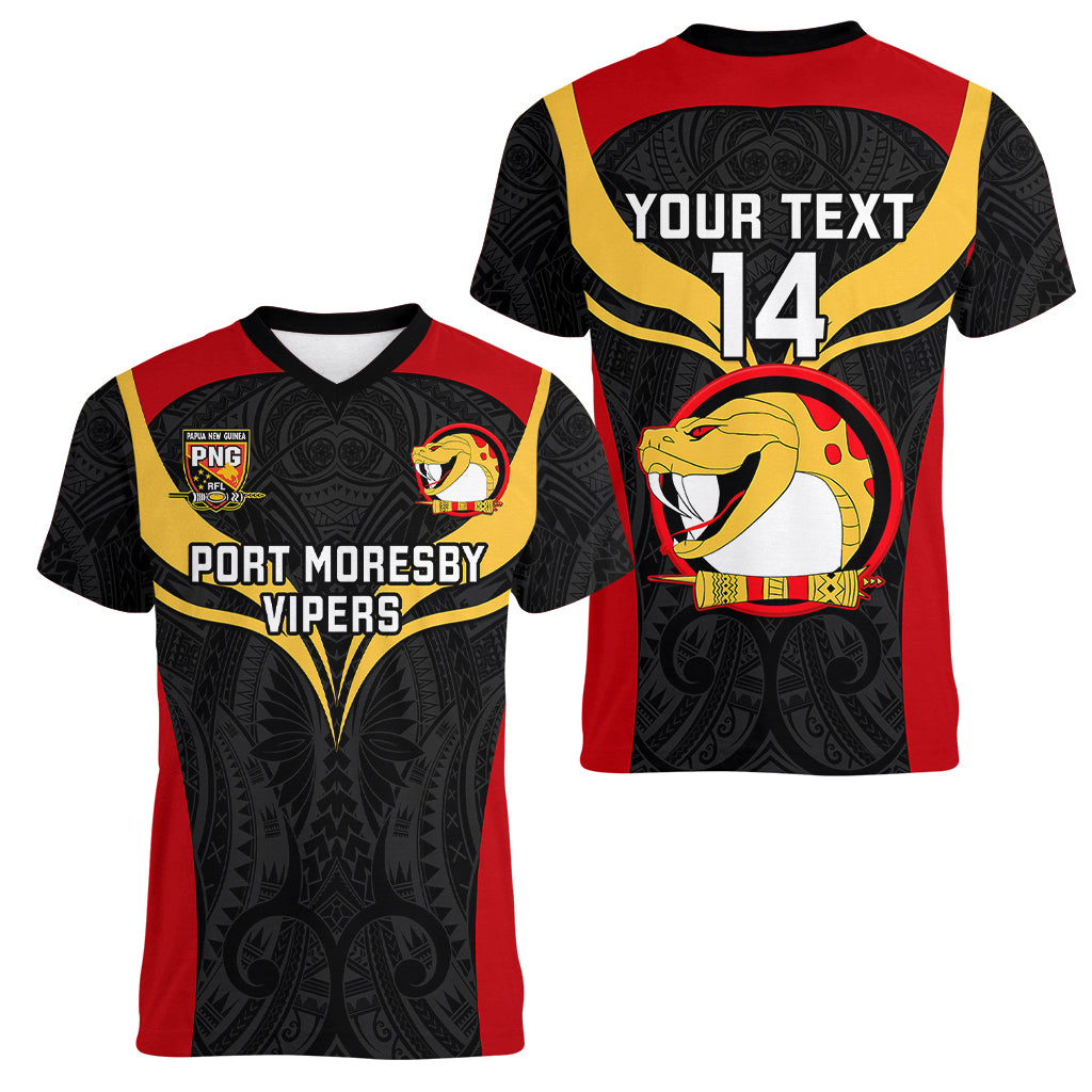 Custom Papua New Guinea Rugby Women V Neck T Shirt Port Moresby Vipers PNG Polynesian Pattern LT14 - Polynesian Pride