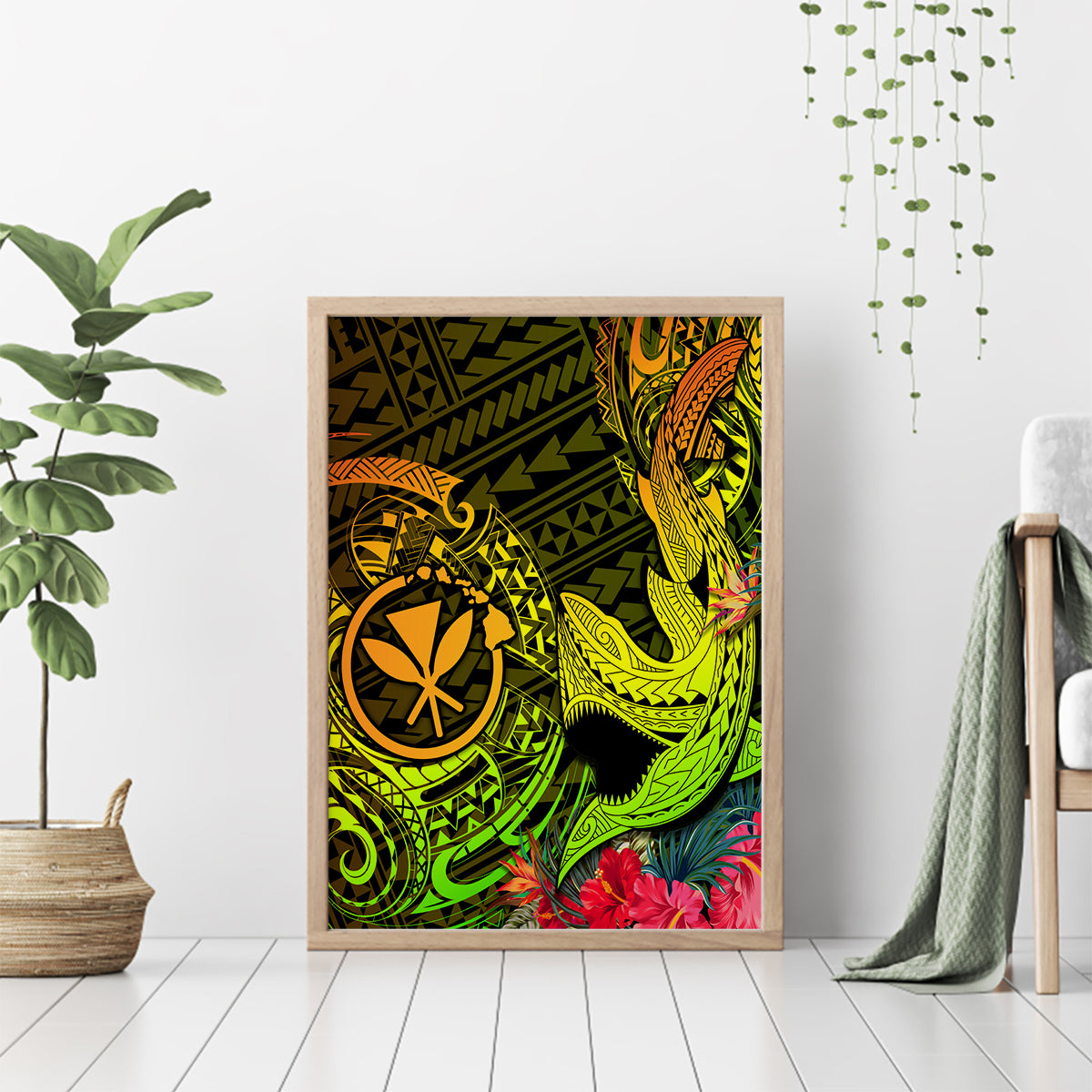 Hawaii Canvas Wall Art Kanaka Map With Polynesian Shark Tattoo Reggae Unique LT14 - Polynesian Pride