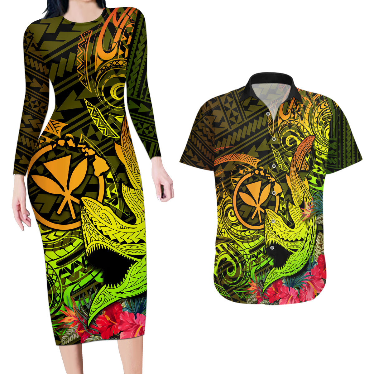 Hawaii Couples Matching Long Sleeve Bodycon Dress and Hawaiian Shirt Kanaka Map With Polynesian Shark Tattoo Reggae Unique LT14 Reggae - Polynesian Pride