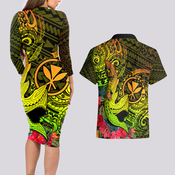 Polynesian Hula Girl Matching Dress and Hawaiian Shirt Kanaka Hawaii Map RLT14