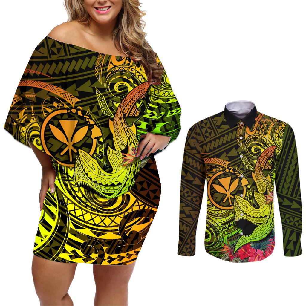Hawaii Couples Matching Off Shoulder Short Dress and Long Sleeve Button Shirts Kanaka Map With Polynesian Shark Tattoo Reggae Unique LT14 Reggae - Polynesian Pride