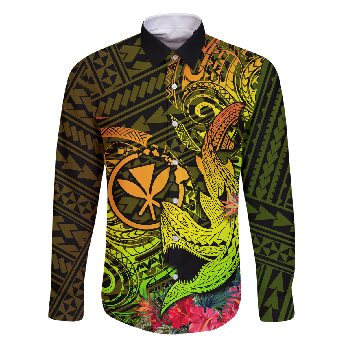 Hawaii Family Matching Off Shoulder Long Sleeve Dress and Hawaiian Shirt Kanaka Map With Polynesian Shark Tattoo Reggae Unique LT14 Dad's Shirt - Long Sleeve Reggae - Polynesian Pride