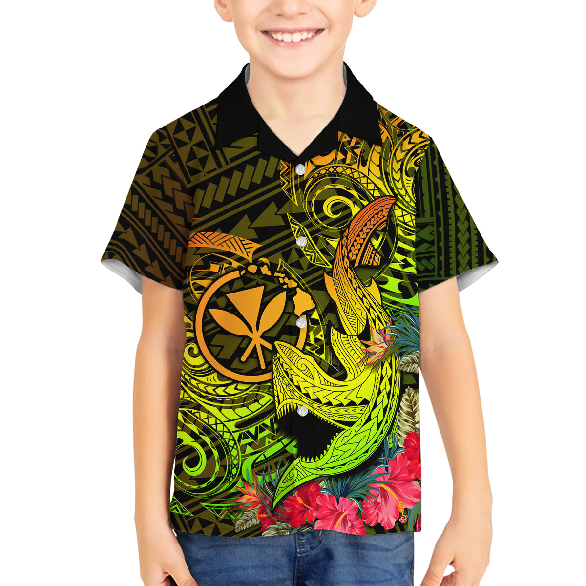 Hawaii Family Matching Off Shoulder Short Dress and Hawaiian Shirt Kanaka Map With Polynesian Shark Tattoo Reggae Unique LT14 Son's Shirt Reggae - Polynesian Pride