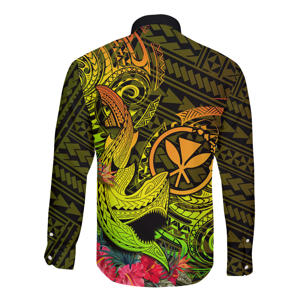 Hawaii Long Sleeve Button Shirt Kanaka Map With Polynesian Shark Tattoo Reggae Unique LT14 - Polynesian Pride