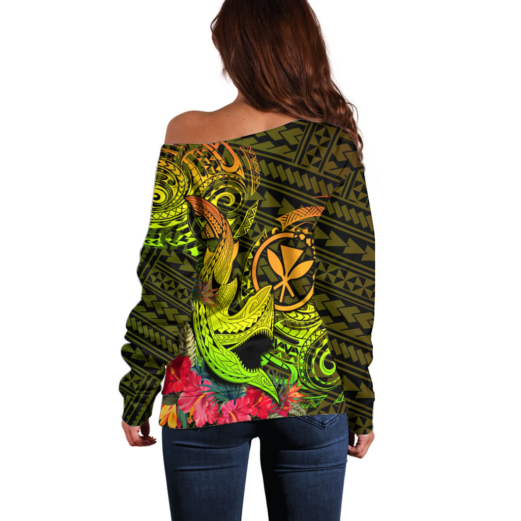 Hawaii Off Shoulder Sweater Kanaka Map With Polynesian Shark Tattoo Reggae Unique LT14 - Polynesian Pride