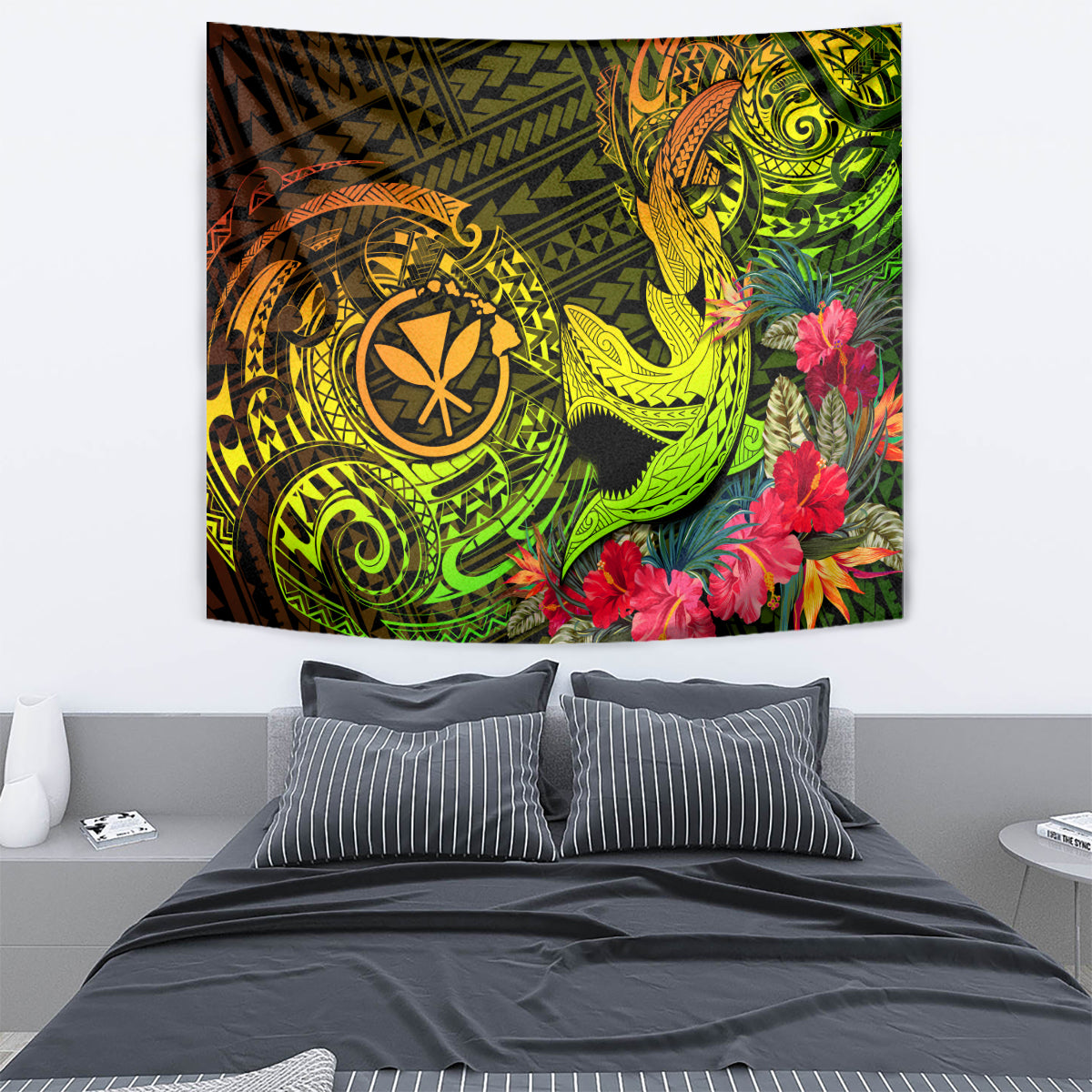 Hawaii Tapestry Kanaka Map With Polynesian Shark Tattoo Reggae Unique LT14 - Polynesian Pride