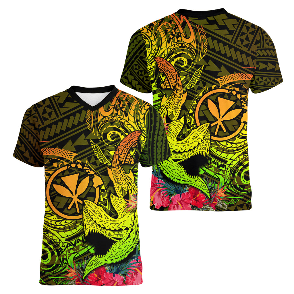 Hawaii Women V Neck T Shirt Kanaka Map With Polynesian Shark Tattoo Reggae Unique LT14 - Polynesian Pride