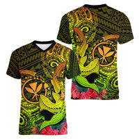 Hawaii Women V Neck T Shirt Kanaka Map With Polynesian Shark Tattoo Reggae Unique LT14 - Polynesian Pride