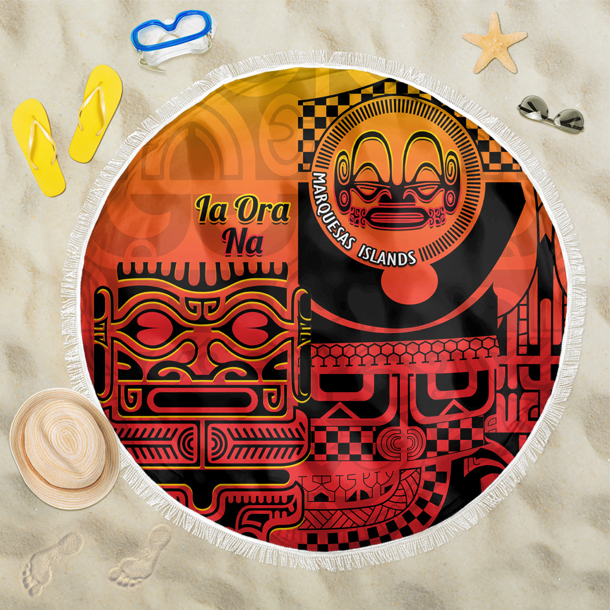 Ia Ora Na Marquesas Islands Beach Blanket Mata Tiki Marquesan Tattoo LT14 One Size 150cm Red - Polynesian Pride