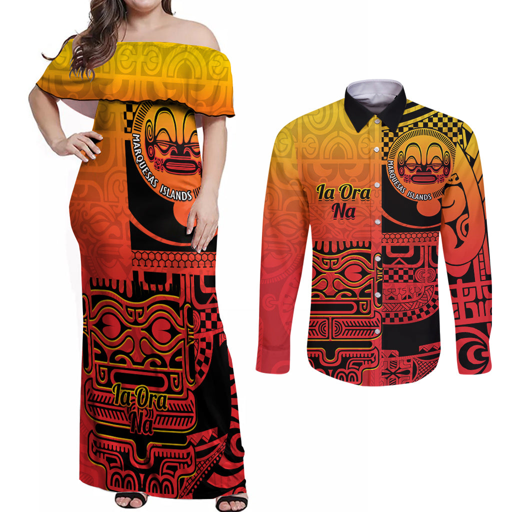 Personalised Ia Ora Na Marquesas Islands Couples Matching Off Shoulder Maxi Dress and Long Sleeve Button Shirt Mata Tiki Marquesan Tattoo LT14 Red - Polynesian Pride