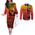 Personalised Ia Ora Na Marquesas Islands Couples Matching Off The Shoulder Long Sleeve Dress and Long Sleeve Button Shirt Mata Tiki Marquesan Tattoo LT14 Red - Polynesian Pride