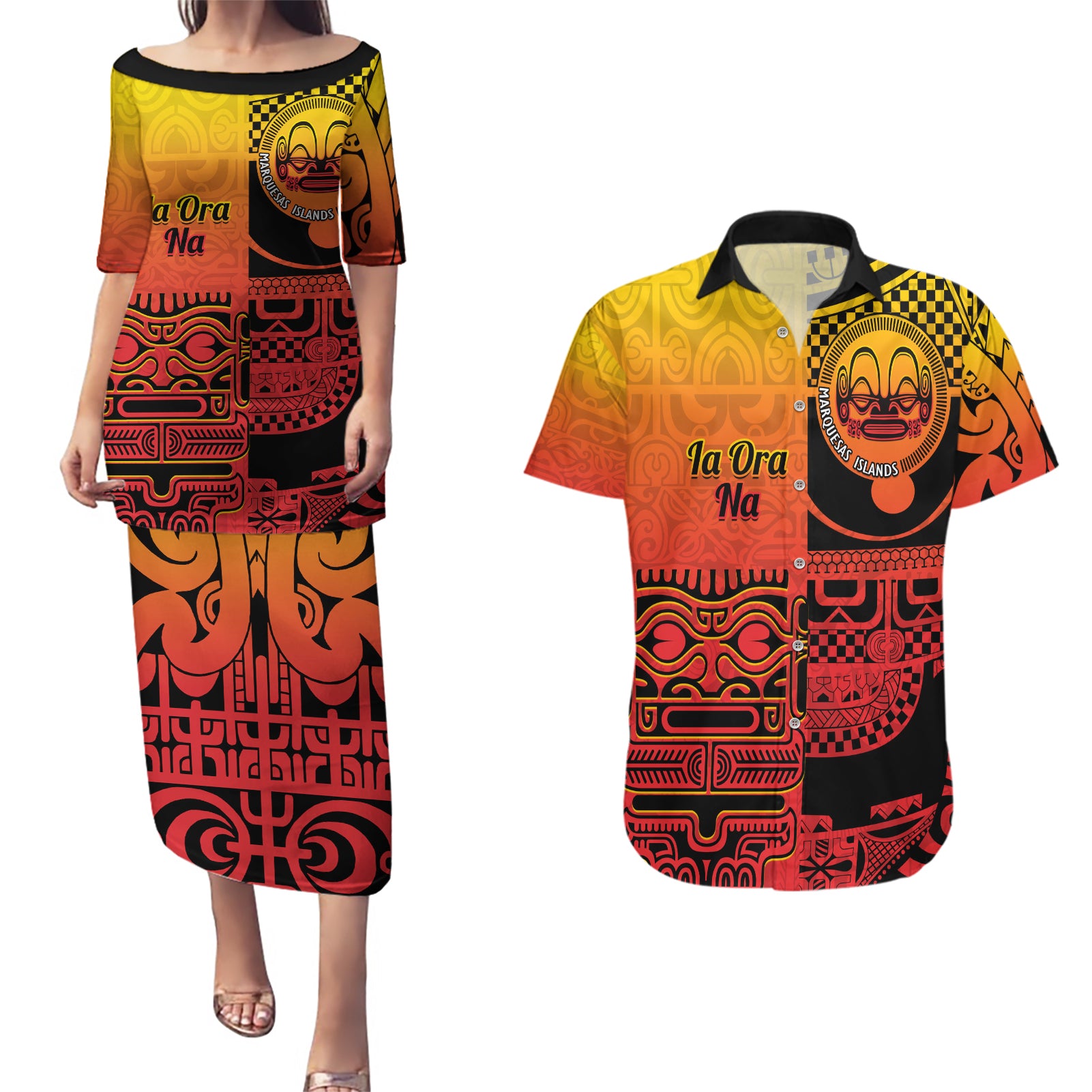 Personalised Ia Ora Na Marquesas Islands Couples Matching Puletasi and Hawaiian Shirt Mata Tiki Marquesan Tattoo LT14 Red - Polynesian Pride