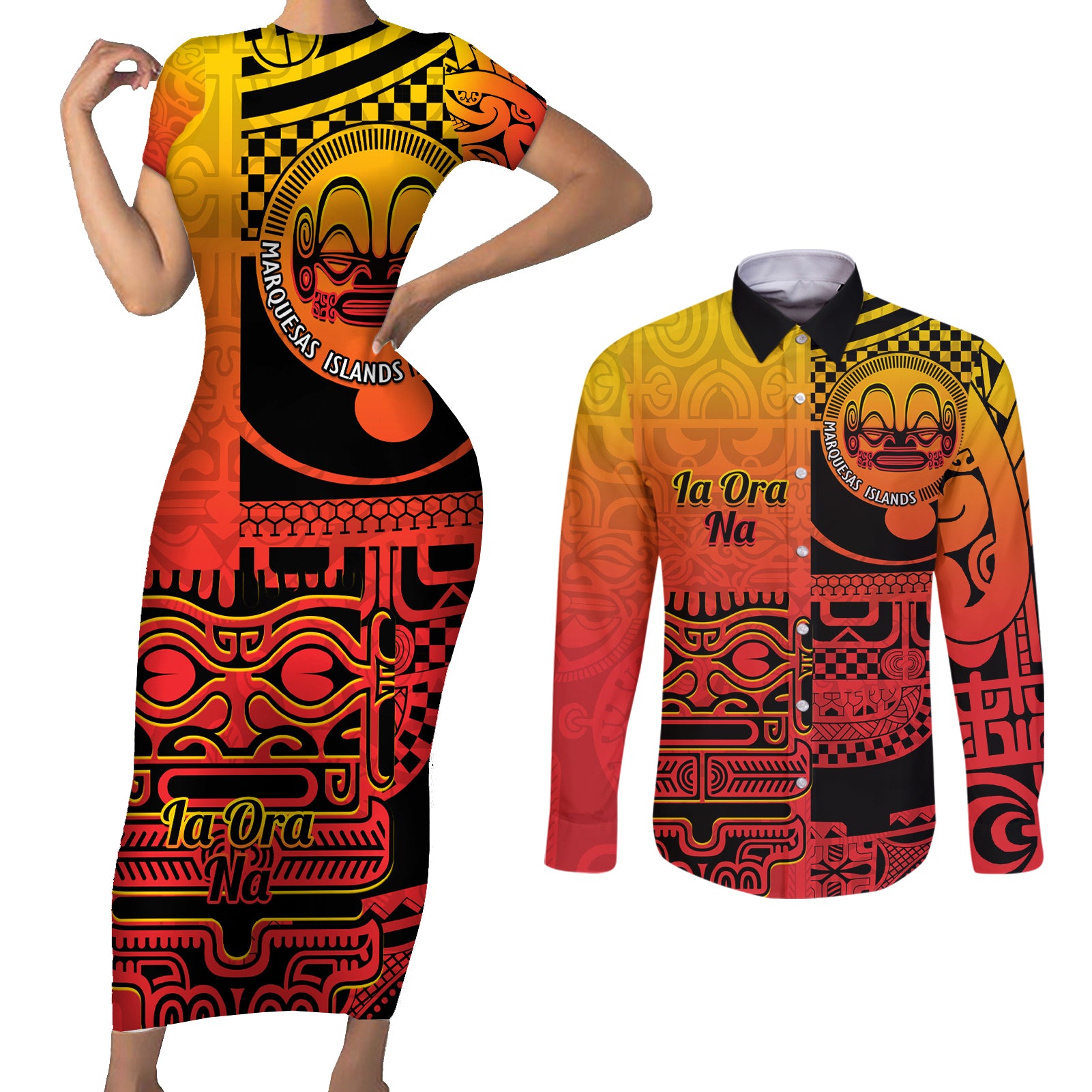 Personalised Ia Ora Na Marquesas Islands Couples Matching Short Sleeve Bodycon Dress and Long Sleeve Button Shirt Mata Tiki Marquesan Tattoo LT14 Red - Polynesian Pride