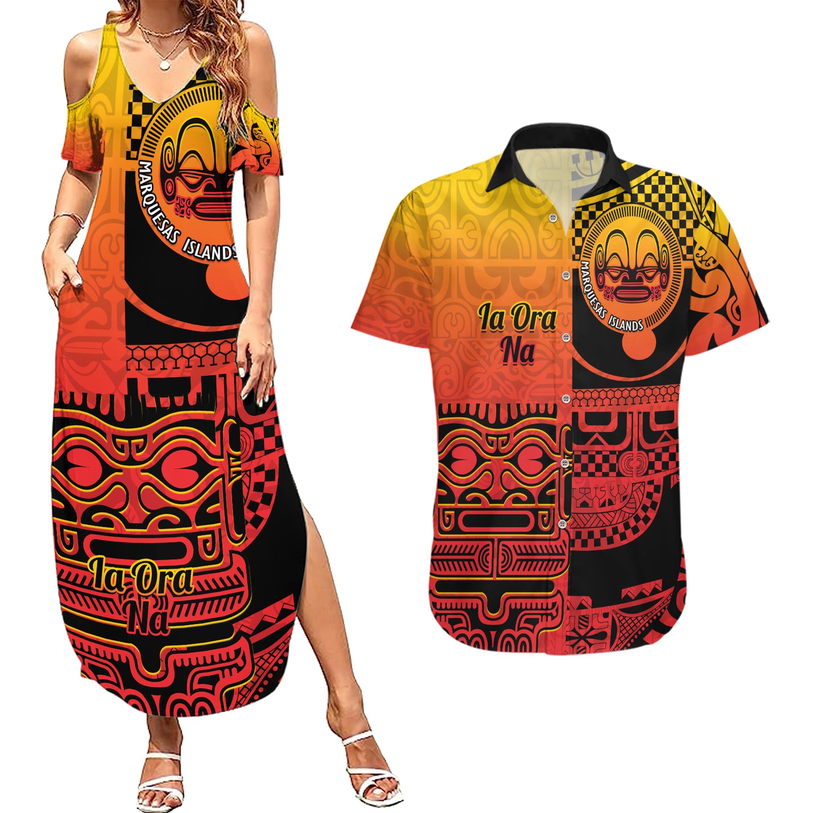 Personalised Ia Ora Na Marquesas Islands Couples Matching Summer Maxi Dress and Hawaiian Shirt Mata Tiki Marquesan Tattoo LT14 Red - Polynesian Pride