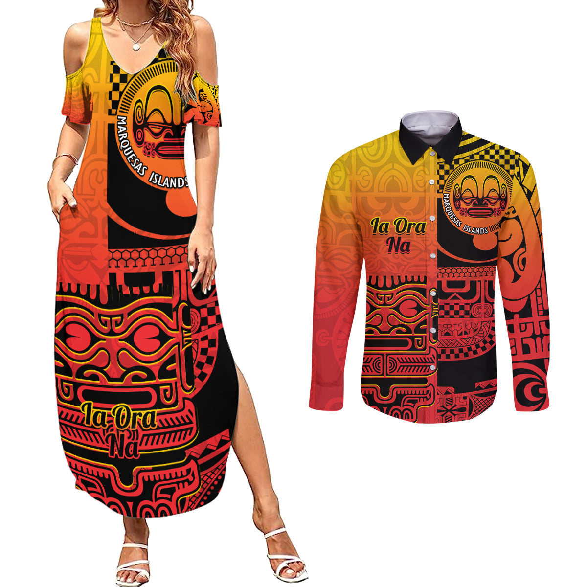 Personalised Ia Ora Na Marquesas Islands Couples Matching Summer Maxi Dress and Long Sleeve Button Shirt Mata Tiki Marquesan Tattoo LT14 Red - Polynesian Pride