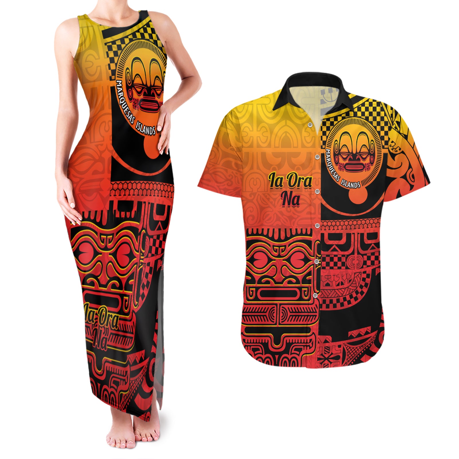 Personalised Ia Ora Na Marquesas Islands Couples Matching Tank Maxi Dress and Hawaiian Shirt Mata Tiki Marquesan Tattoo LT14 Red - Polynesian Pride