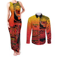 Personalised Ia Ora Na Marquesas Islands Couples Matching Tank Maxi Dress and Long Sleeve Button Shirt Mata Tiki Marquesan Tattoo LT14 Red - Polynesian Pride