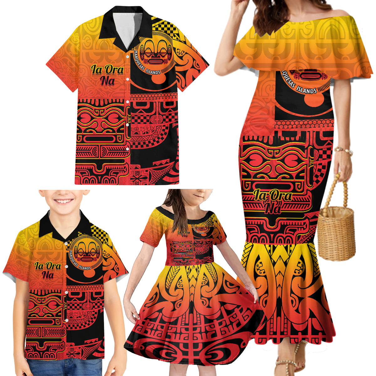 Personalised Ia Ora Na Marquesas Islands Family Matching Mermaid Dress and Hawaiian Shirt Mata Tiki Marquesan Tattoo LT14 - Polynesian Pride