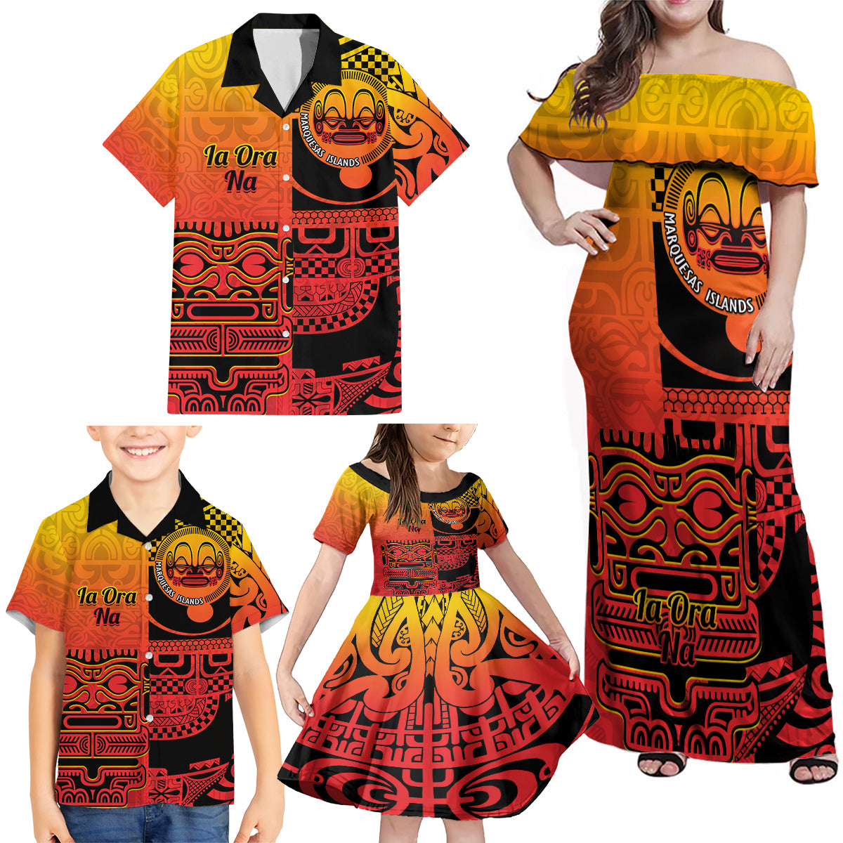 Personalised Ia Ora Na Marquesas Islands Family Matching Off Shoulder Maxi Dress and Hawaiian Shirt Mata Tiki Marquesan Tattoo LT14 - Polynesian Pride