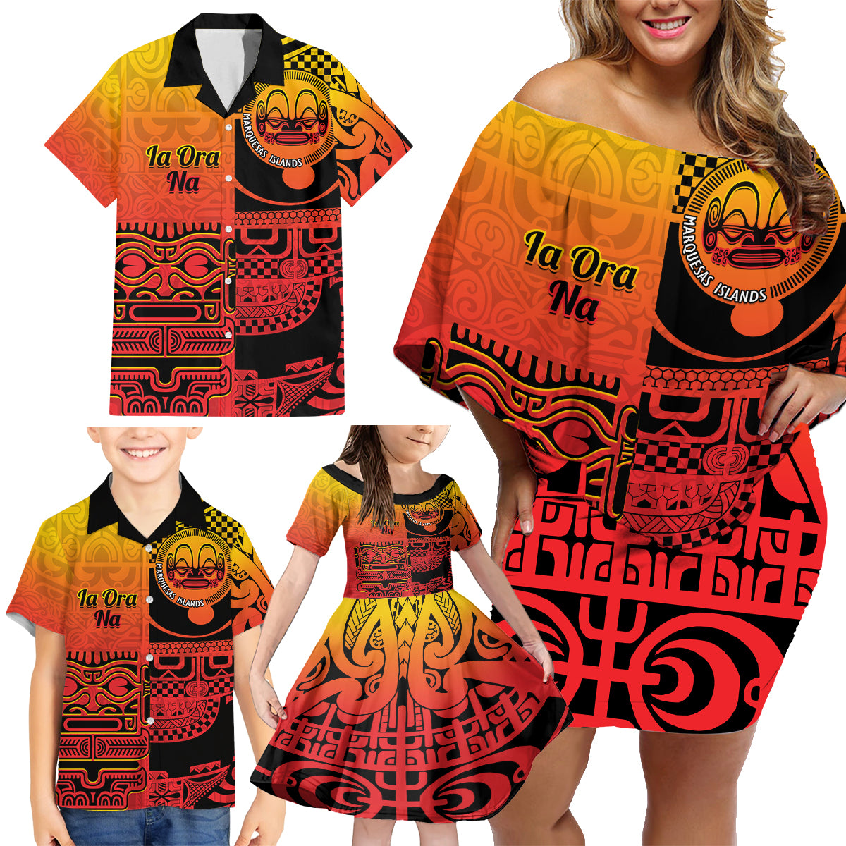 Personalised Ia Ora Na Marquesas Islands Family Matching Off Shoulder Short Dress and Hawaiian Shirt Mata Tiki Marquesan Tattoo LT14 - Polynesian Pride