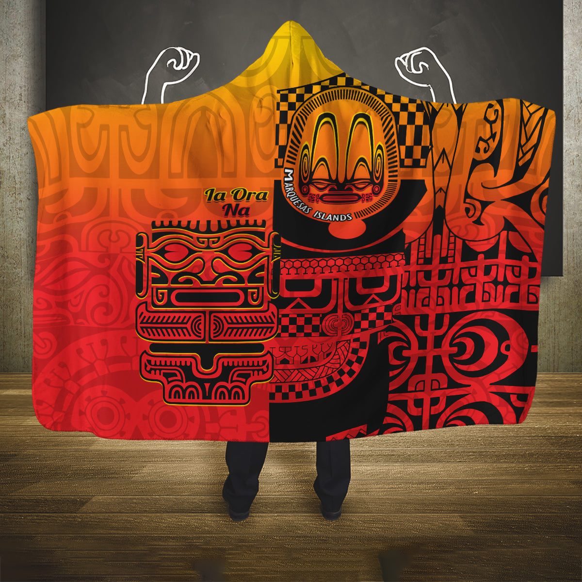Ia Ora Na Marquesas Islands Hooded Blanket Mata Tiki Marquesan Tattoo LT14 One Size Red - Polynesian Pride