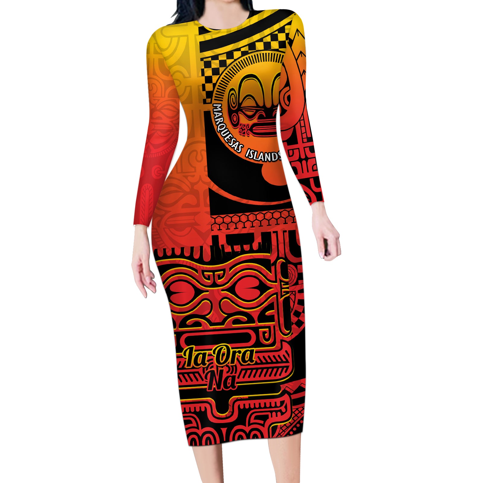 Personalised Ia Ora Na Marquesas Islands Long Sleeve Bodycon Dress Mata Tiki Marquesan Tattoo LT14 Long Dress Red - Polynesian Pride