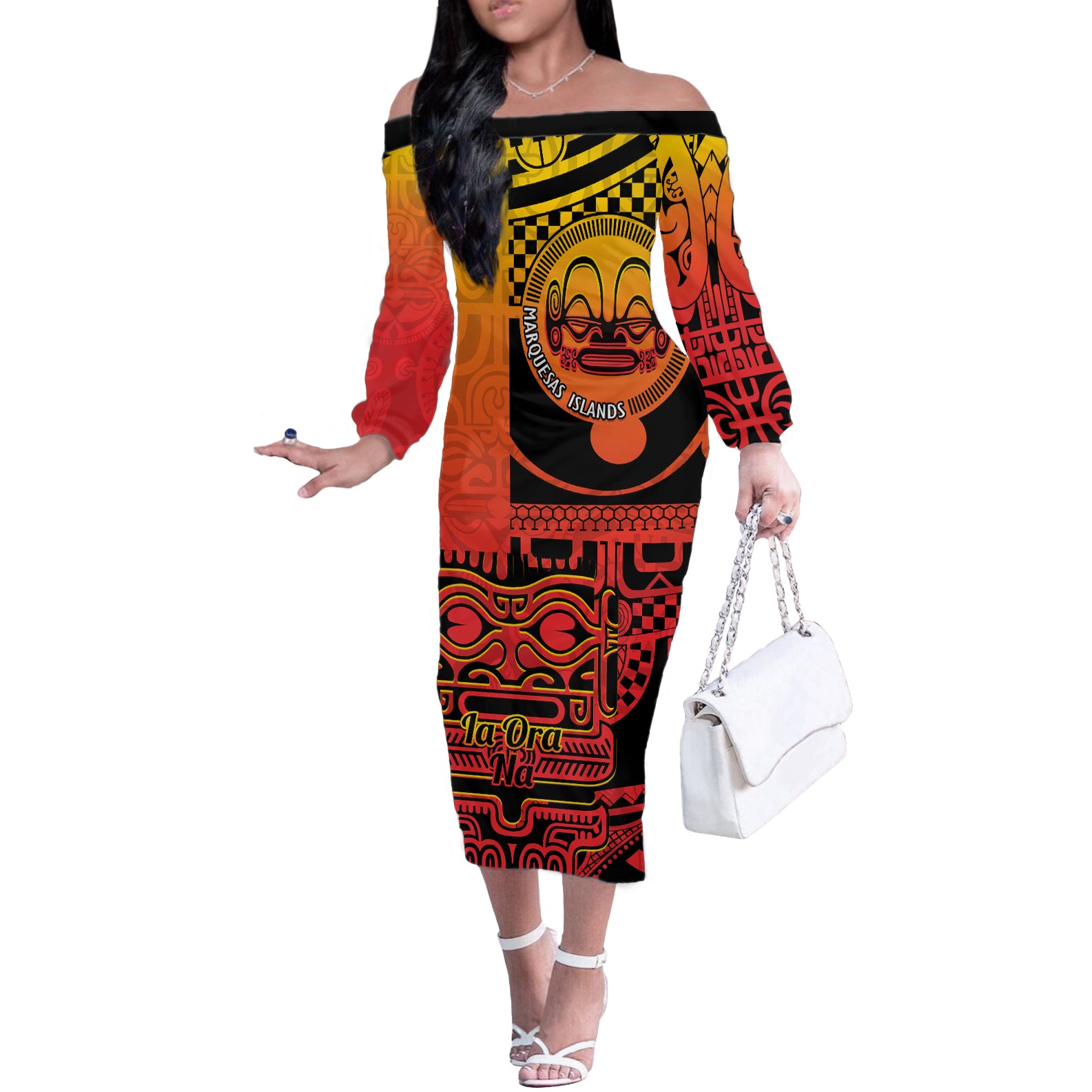 Personalised Ia Ora Na Marquesas Islands Off The Shoulder Long Sleeve Dress Mata Tiki Marquesan Tattoo LT14 Women Red - Polynesian Pride