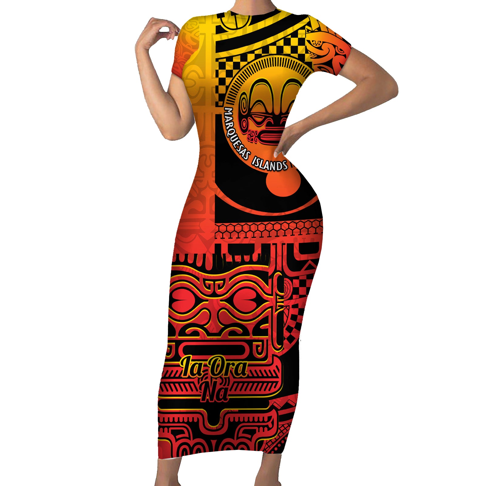 Personalised Ia Ora Na Marquesas Islands Short Sleeve Bodycon Dress Mata Tiki Marquesan Tattoo LT14 Long Dress Red - Polynesian Pride