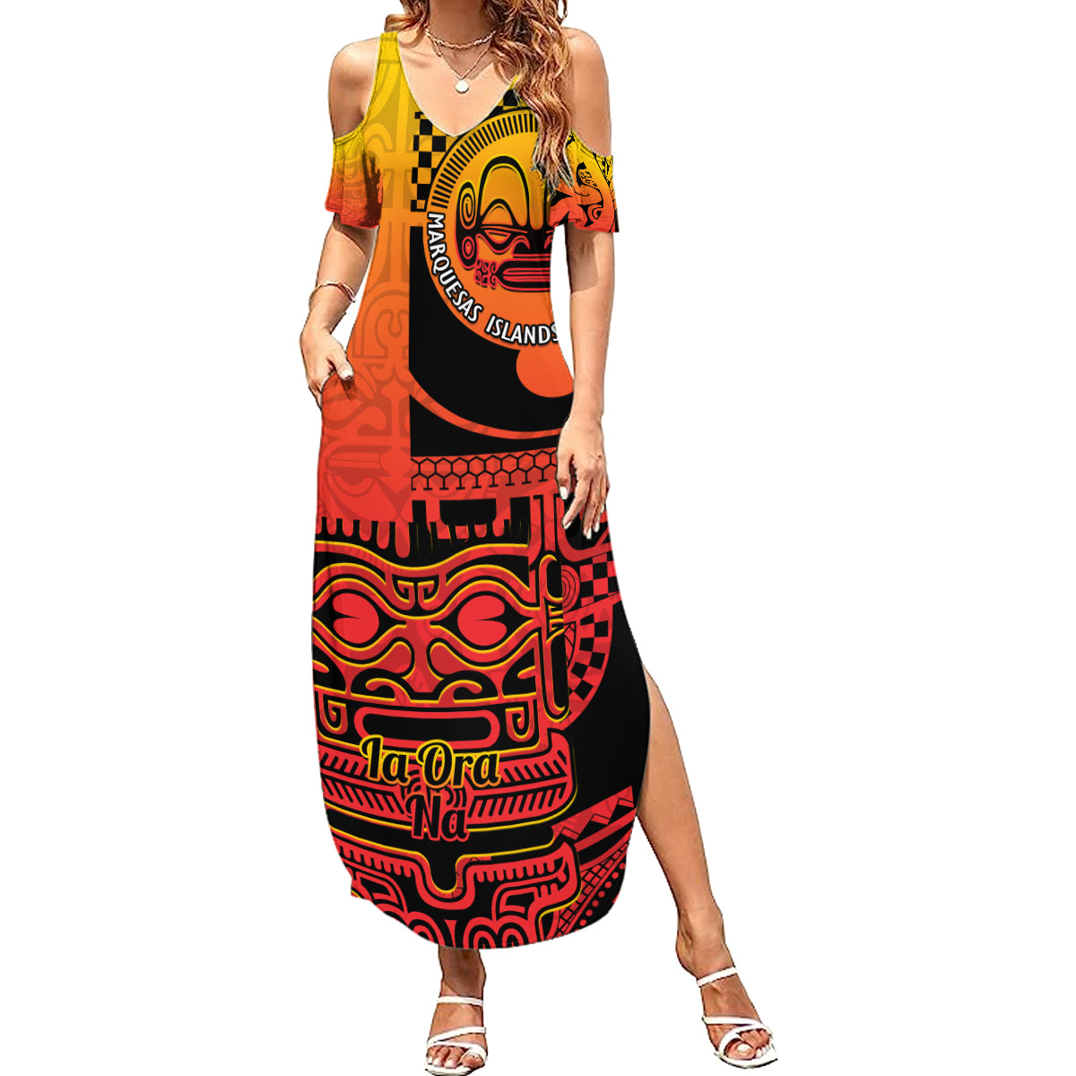 Personalised Ia Ora Na Marquesas Islands Summer Maxi Dress Mata Tiki Marquesan Tattoo LT14 Women Red - Polynesian Pride