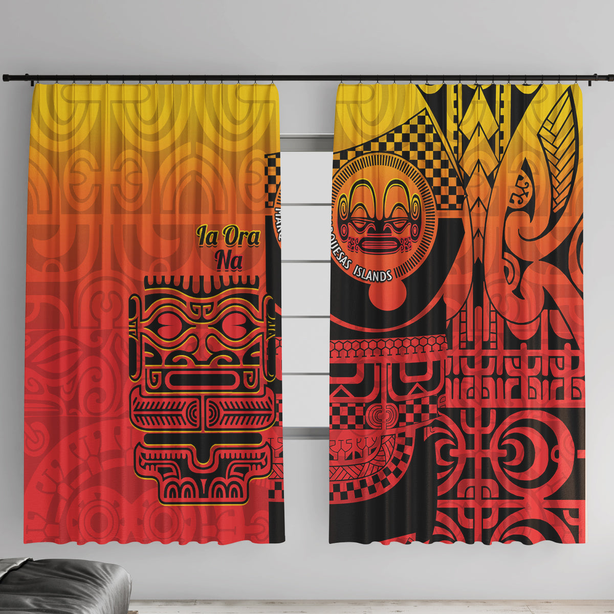 Ia Ora Na Marquesas Islands Window Curtain Mata Tiki Marquesan Tattoo LT14 With Hooks Red - Polynesian Pride