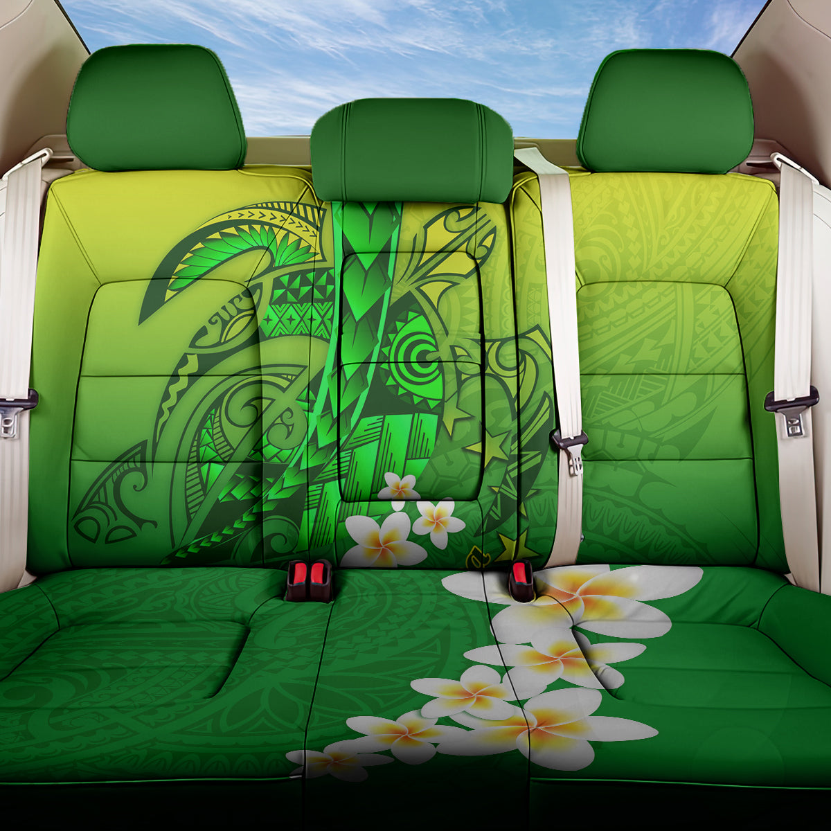 Kia Orana Cook Islands Back Car Seat Cover Kuki Airani Tattoo Pattern With Sea Turtle LT14 One Size Green - Polynesian Pride
