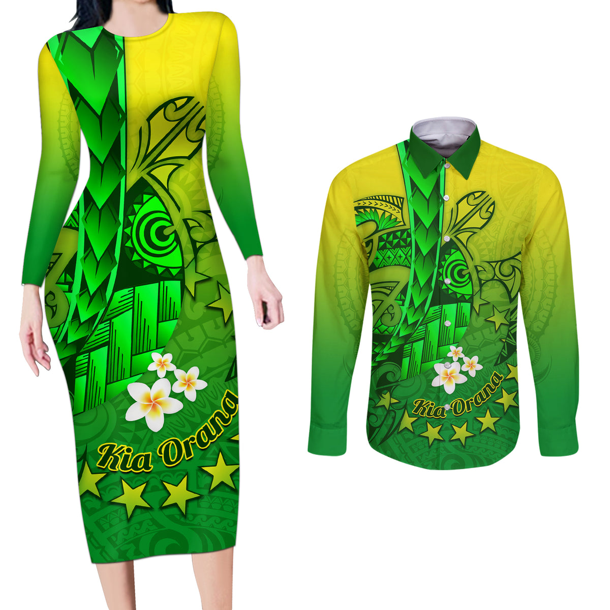 Kia Orana Cook Islands Couples Matching Long Sleeve Bodycon Dress and Long Sleeve Button Shirt Kuki Airani Tattoo Pattern With Sea Turtle LT14 Green - Polynesian Pride