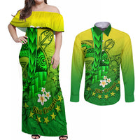 Kia Orana Cook Islands Couples Matching Off Shoulder Maxi Dress and Long Sleeve Button Shirt Kuki Airani Tattoo Pattern With Sea Turtle LT14 Green - Polynesian Pride