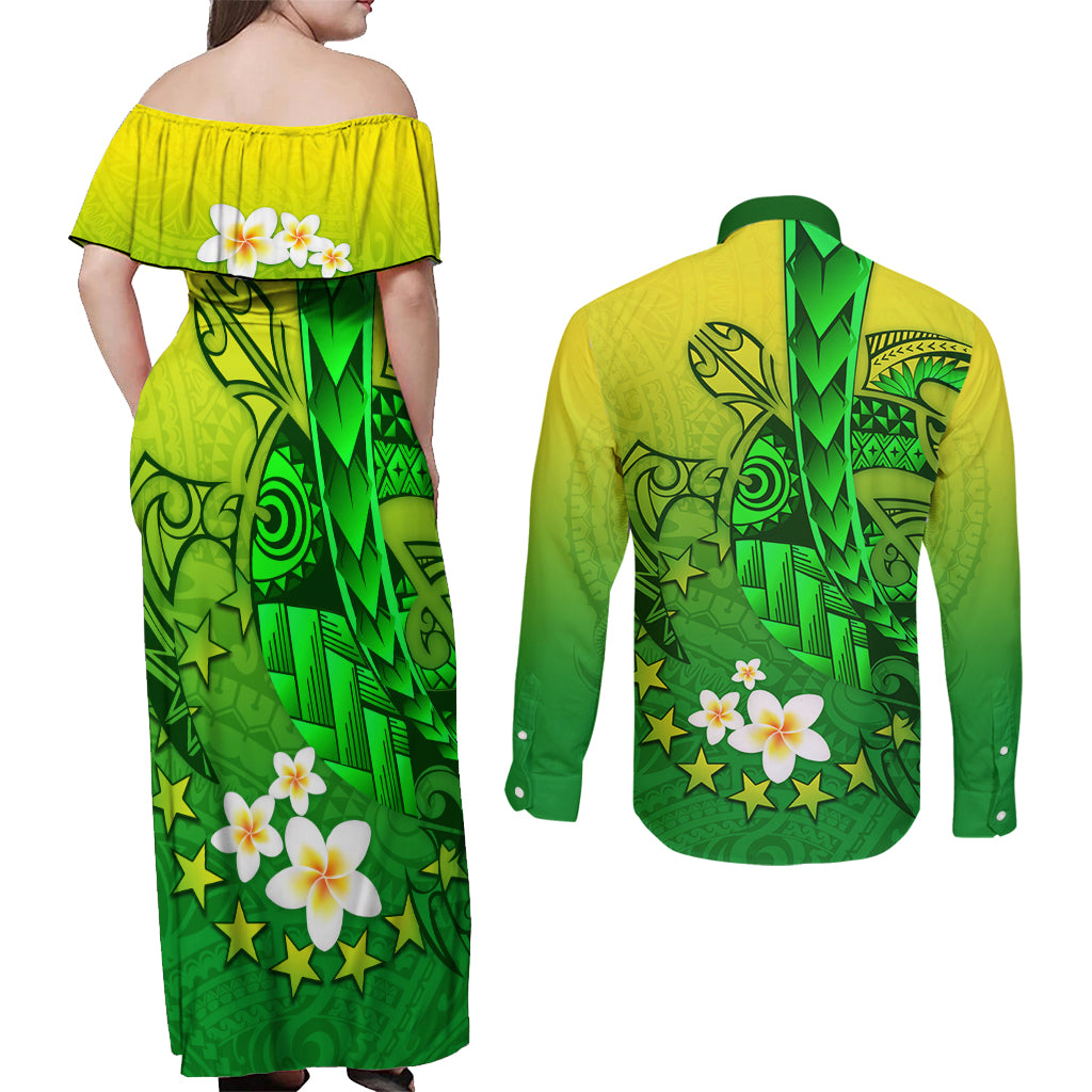 Kia Orana Cook Islands Couples Matching Off Shoulder Maxi Dress and Long Sleeve Button Shirt Kuki Airani Tattoo Pattern With Sea Turtle LT14 - Polynesian Pride