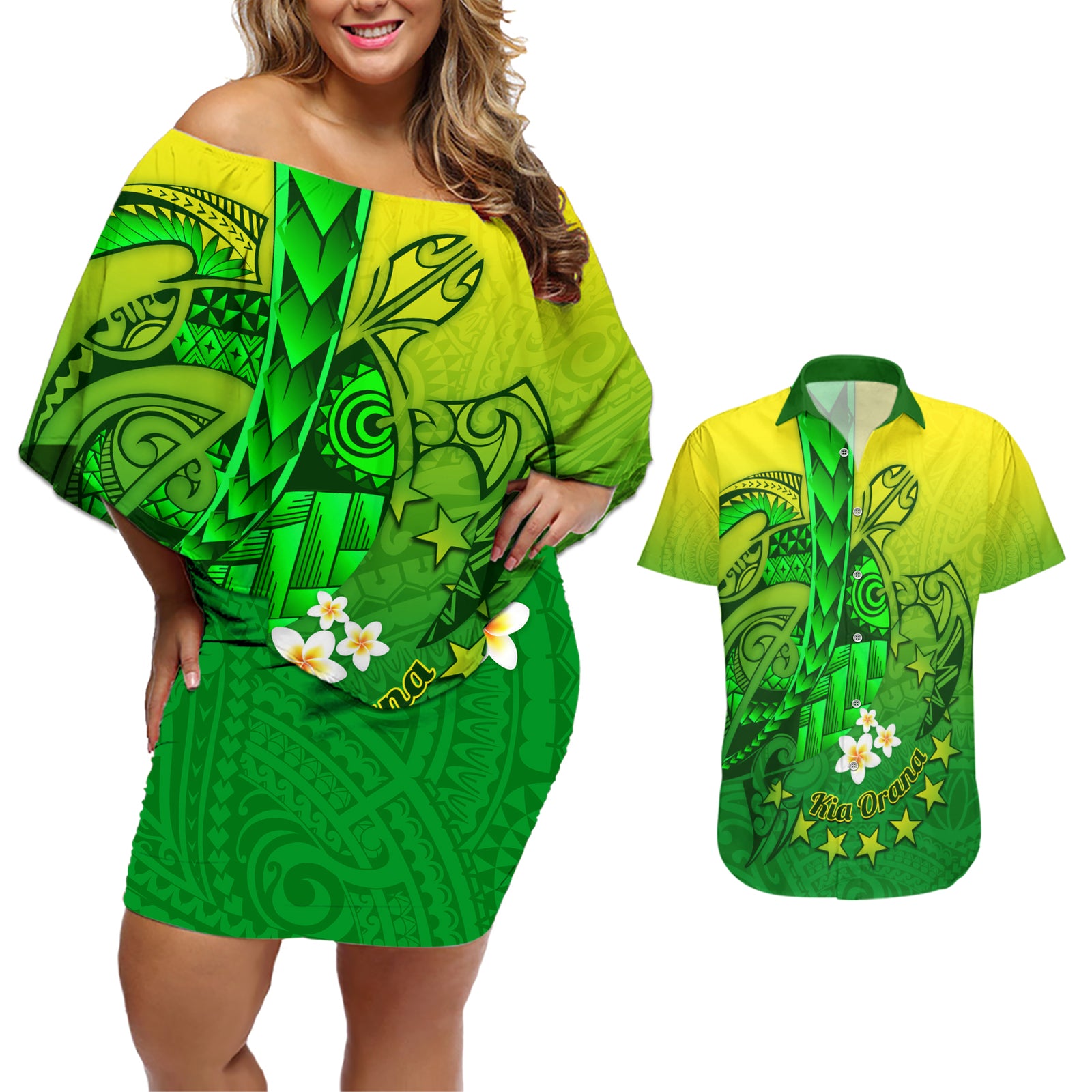 Kia Orana Cook Islands Couples Matching Off Shoulder Short Dress and Hawaiian Shirt Kuki Airani Tattoo Pattern With Sea Turtle LT14 Green - Polynesian Pride