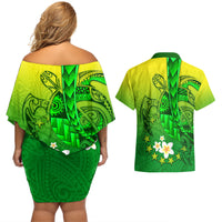 Kia Orana Cook Islands Couples Matching Off Shoulder Short Dress and Hawaiian Shirt Kuki Airani Tattoo Pattern With Sea Turtle LT14 - Polynesian Pride