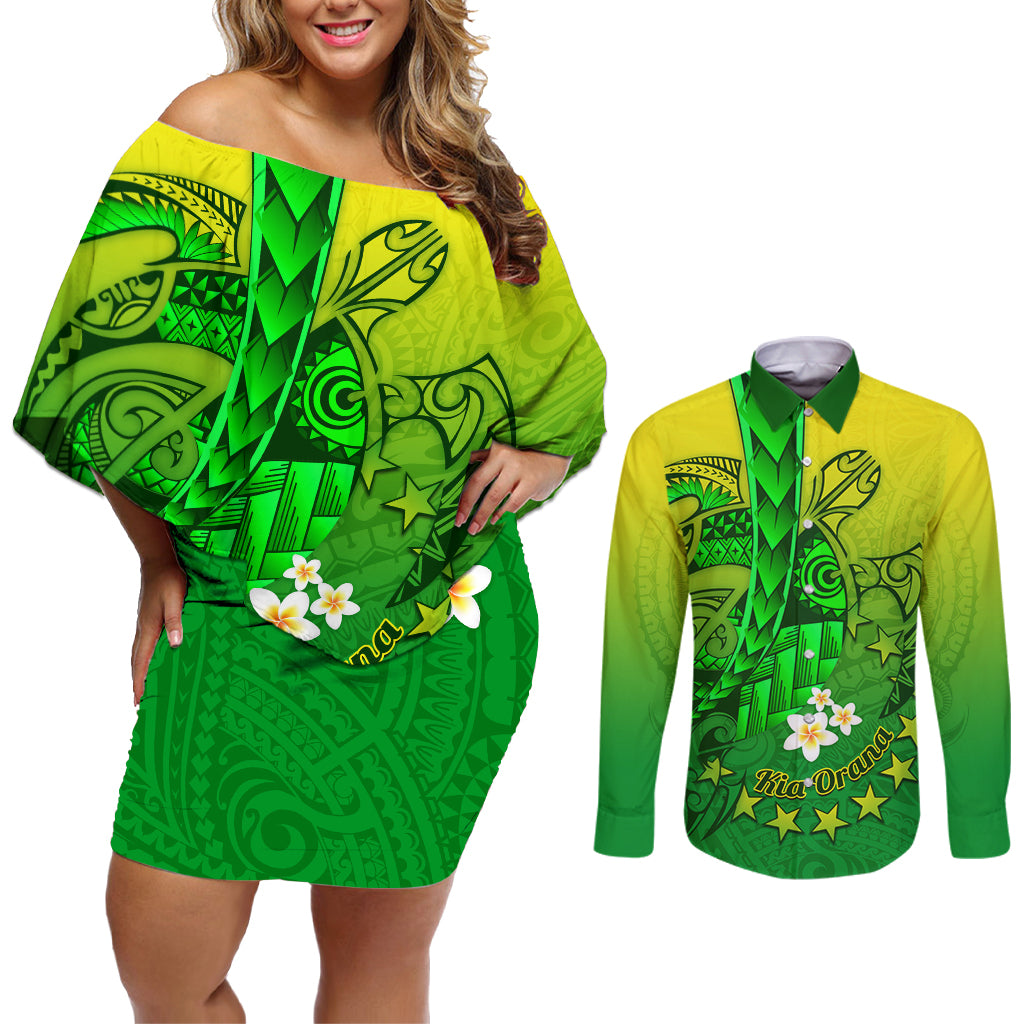 Kia Orana Cook Islands Couples Matching Off Shoulder Short Dress and Long Sleeve Button Shirt Kuki Airani Tattoo Pattern With Sea Turtle LT14 Green - Polynesian Pride