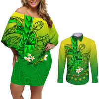 Kia Orana Cook Islands Couples Matching Off Shoulder Short Dress and Long Sleeve Button Shirt Kuki Airani Tattoo Pattern With Sea Turtle LT14 Green - Polynesian Pride