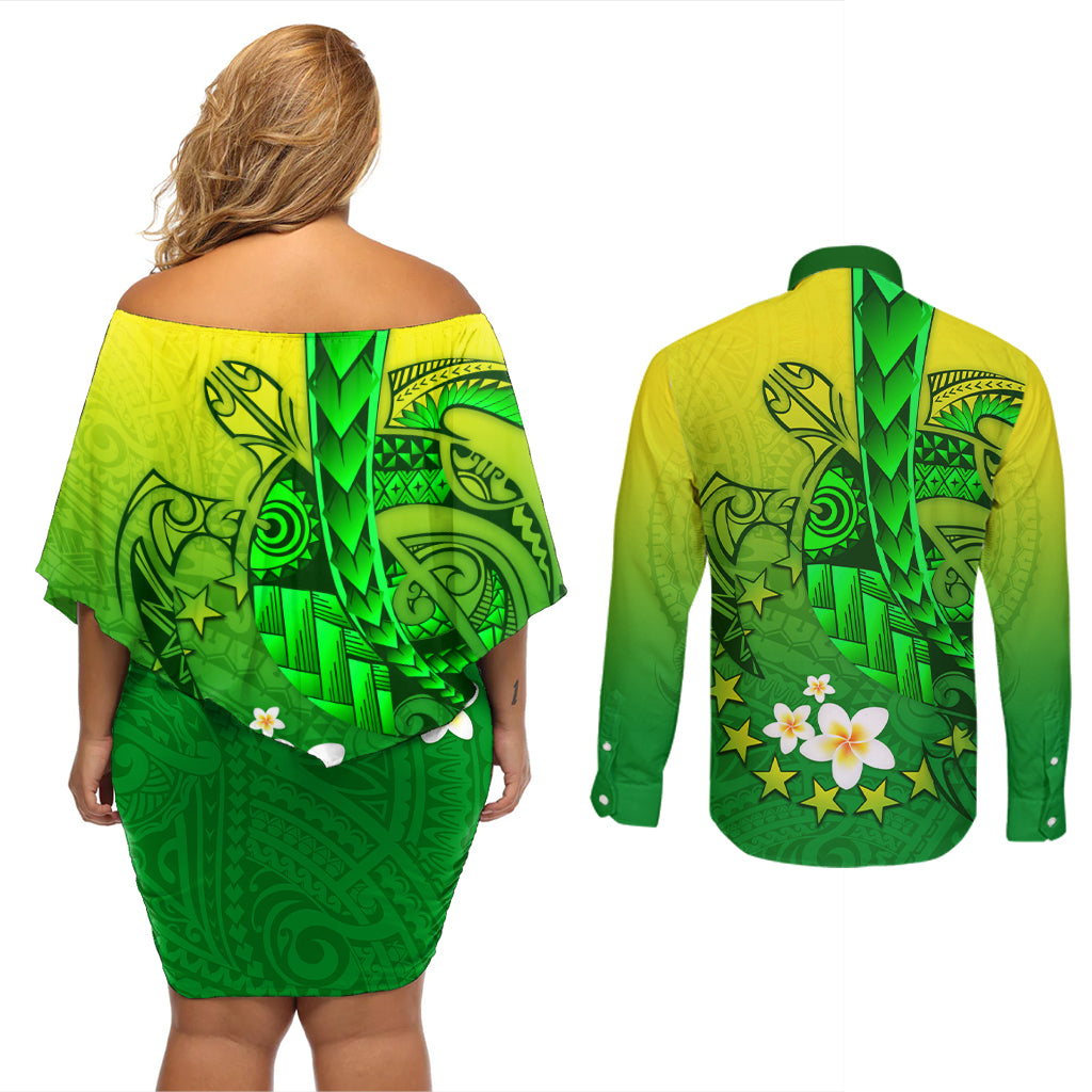 Kia Orana Cook Islands Couples Matching Off Shoulder Short Dress and Long Sleeve Button Shirt Kuki Airani Tattoo Pattern With Sea Turtle LT14 - Polynesian Pride