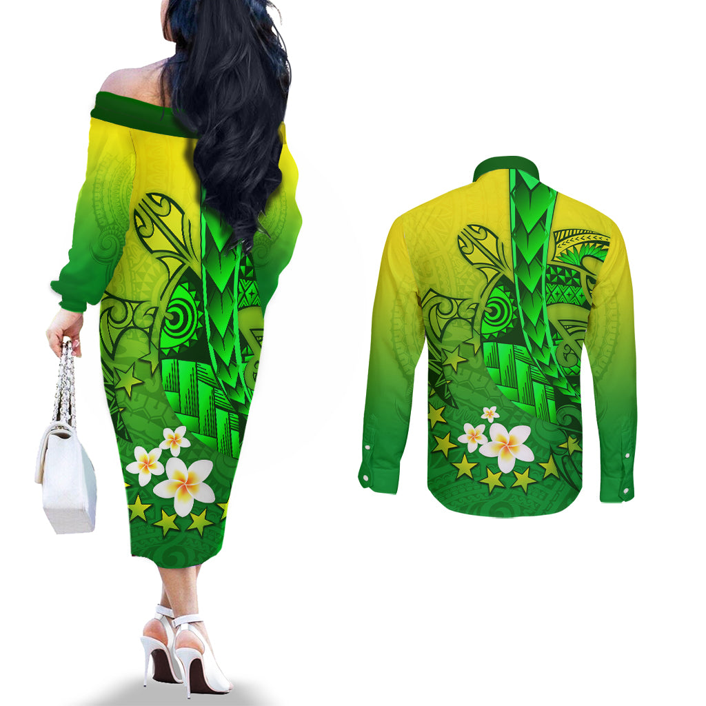 Kia Orana Cook Islands Couples Matching Off The Shoulder Long Sleeve Dress and Long Sleeve Button Shirt Kuki Airani Tattoo Pattern With Sea Turtle LT14 - Polynesian Pride