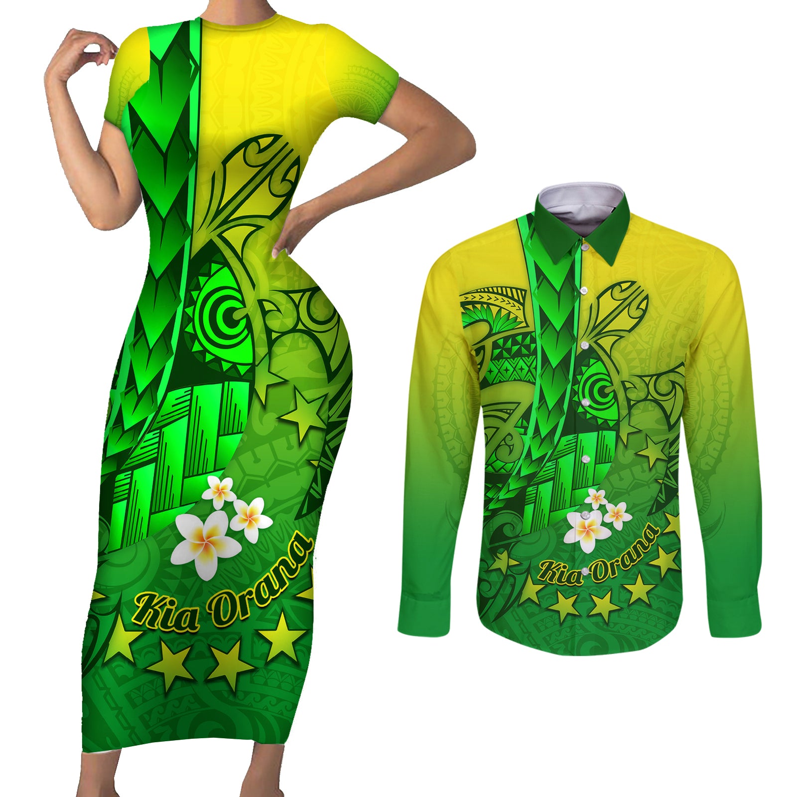 Kia Orana Cook Islands Couples Matching Short Sleeve Bodycon Dress and Long Sleeve Button Shirt Kuki Airani Tattoo Pattern With Sea Turtle LT14 Green - Polynesian Pride