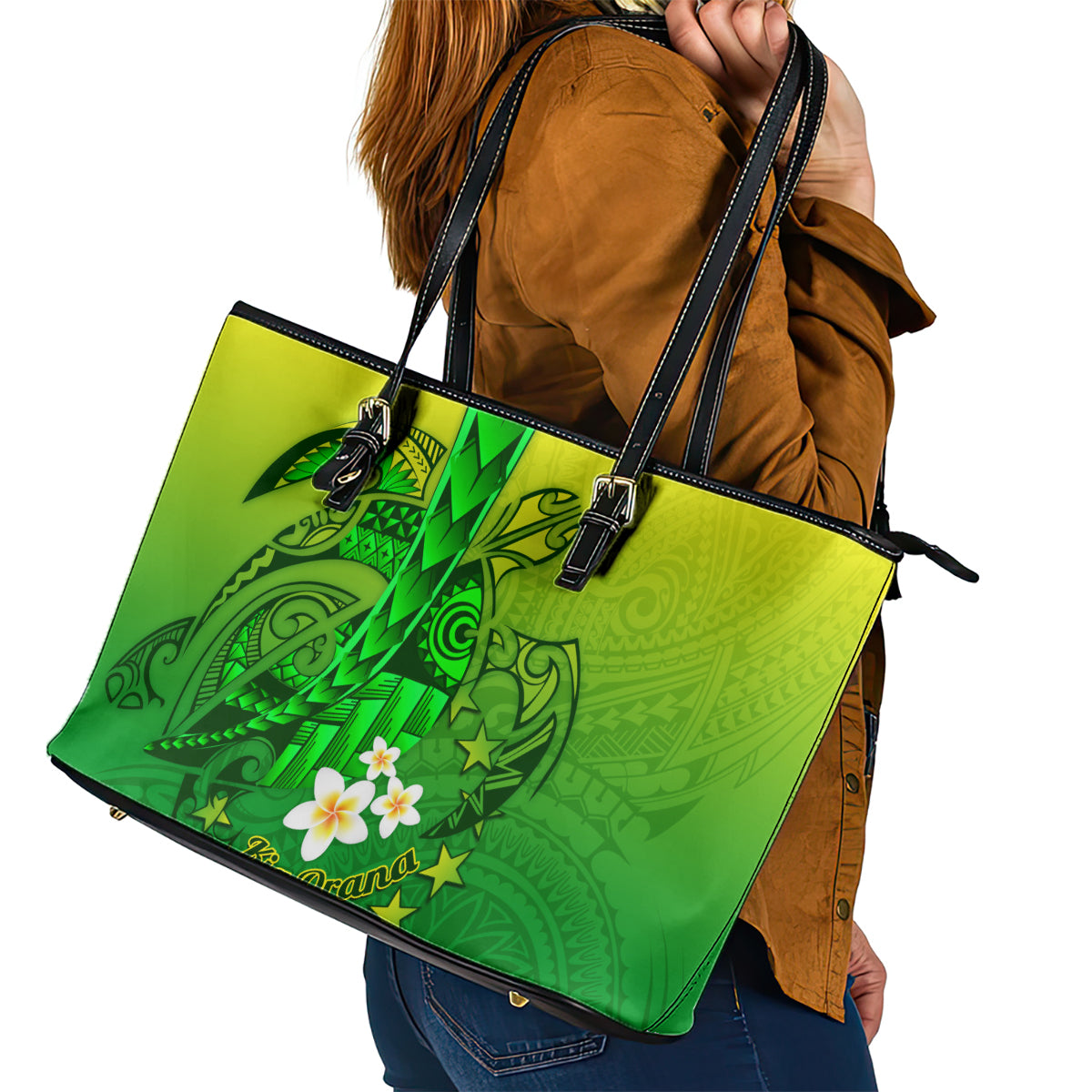 Kia Orana Cook Islands Leather Tote Bag Kuki Airani Tattoo Pattern With Sea Turtle LT14 - Polynesian Pride