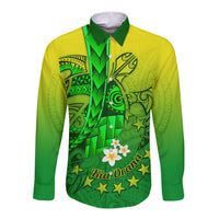 Kia Orana Cook Islands Long Sleeve Button Shirt Kuki Airani Tattoo Pattern With Sea Turtle LT14 Unisex Green - Polynesian Pride