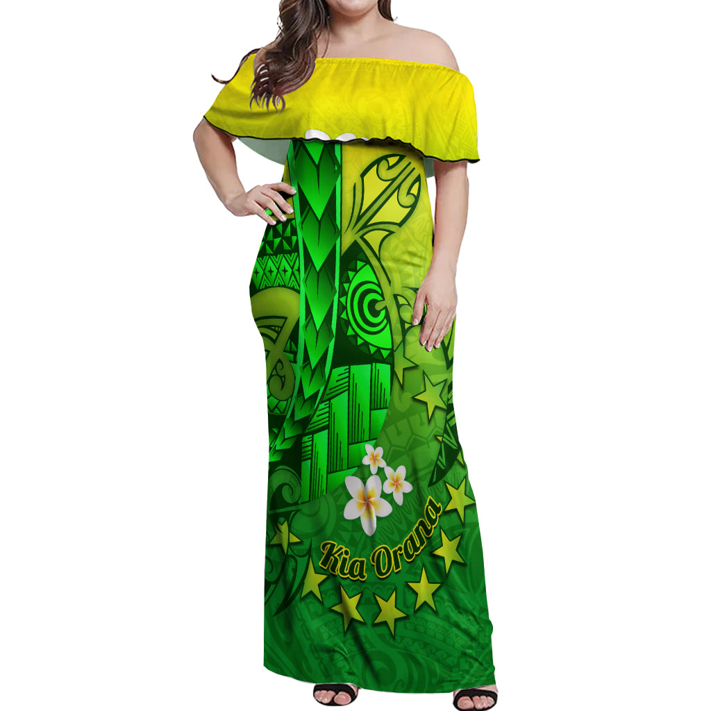 Kia Orana Cook Islands Off Shoulder Maxi Dress Kuki Airani Tattoo Pattern With Sea Turtle LT14 Women Green - Polynesian Pride