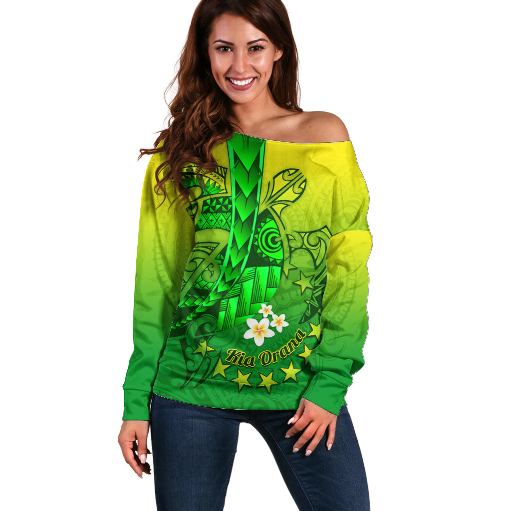 Kia Orana Cook Islands Off Shoulder Sweater Kuki Airani Tattoo Pattern With Sea Turtle LT14 Women Green - Polynesian Pride