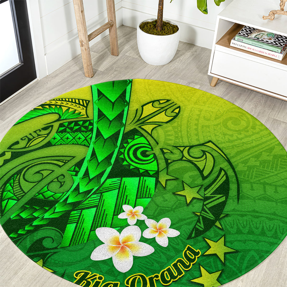 Kia Orana Cook Islands Round Carpet Kuki Airani Tattoo Pattern With Sea Turtle LT14 Green - Polynesian Pride