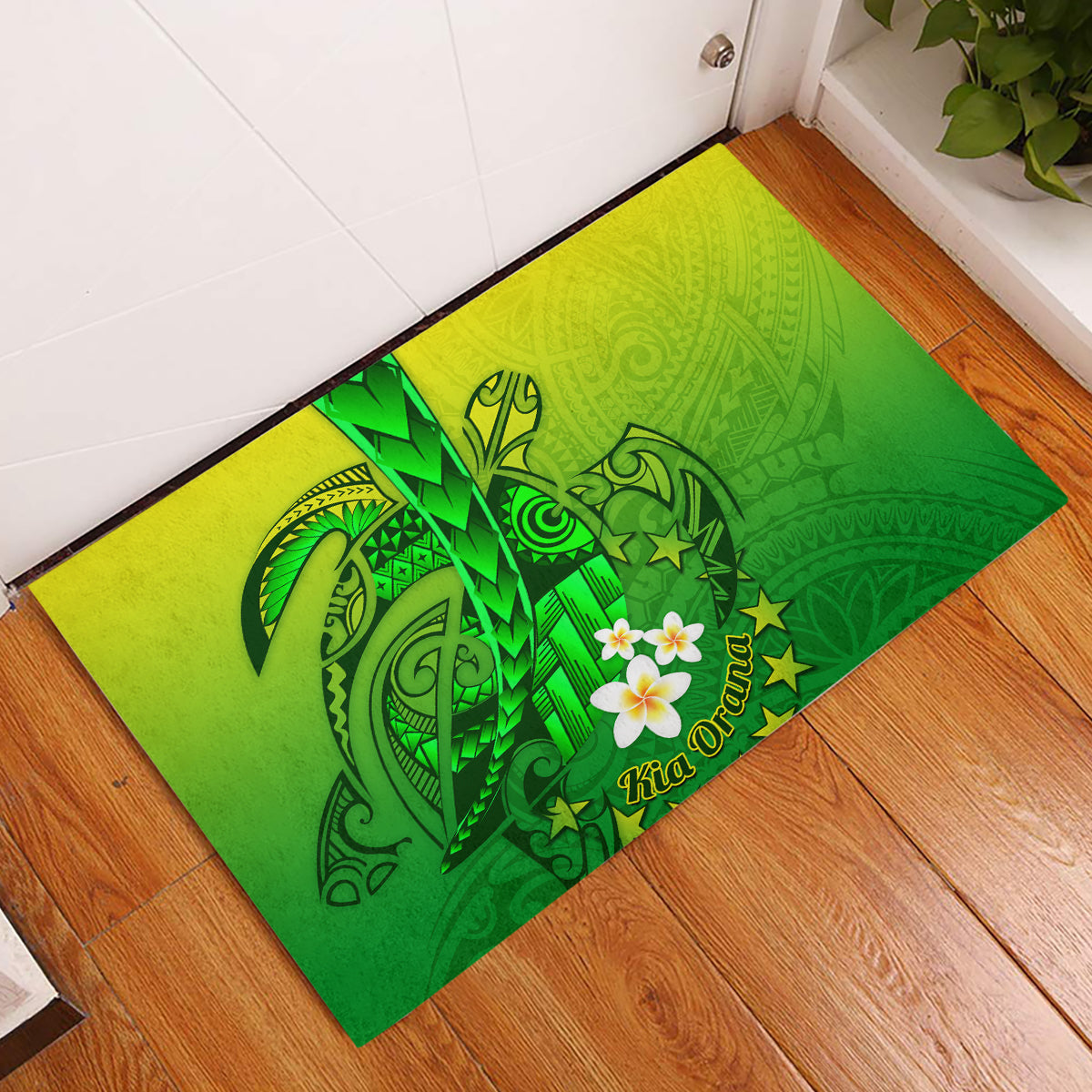 Kia Orana Cook Islands Rubber Doormat Kuki Airani Tattoo Pattern With Sea Turtle LT14 Green - Polynesian Pride