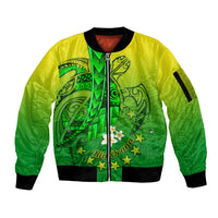 Kia Orana Cook Islands Sleeve Zip Bomber Jacket Kuki Airani Tattoo Pattern With Sea Turtle LT14 Unisex Green - Polynesian Pride