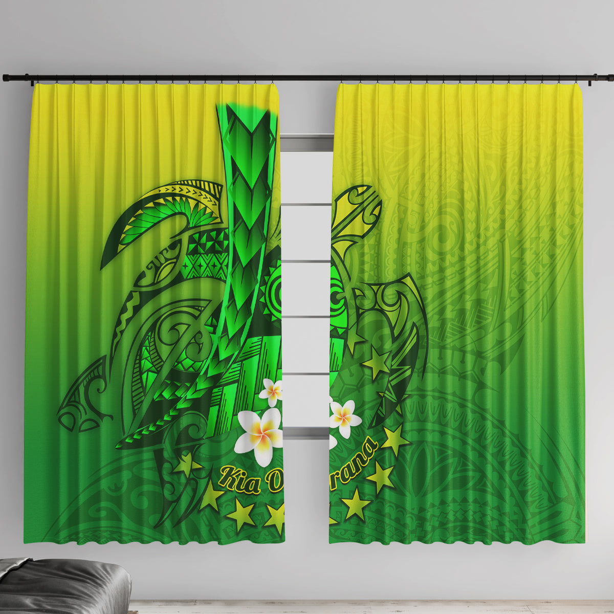 Kia Orana Cook Islands Window Curtain Kuki Airani Tattoo Pattern With Sea Turtle LT14 With Hooks Green - Polynesian Pride