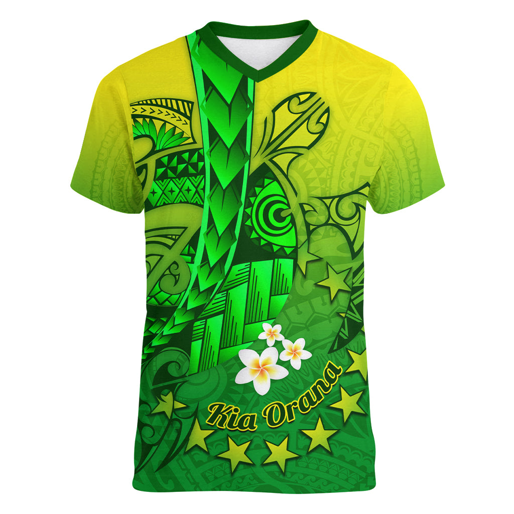 Kia Orana Cook Islands Women V Neck T Shirt Kuki Airani Tattoo Pattern With Sea Turtle LT14 Female Green - Polynesian Pride